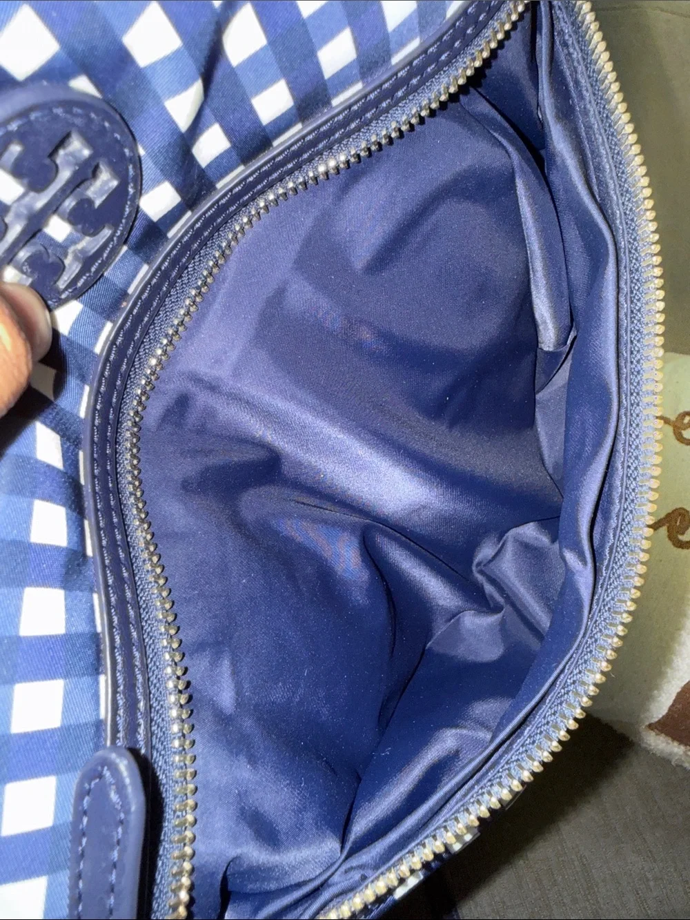 Tory Burch Navy and White Gingham Crossbody Bag